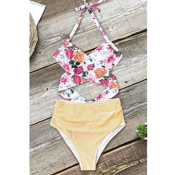 Cupshe Floral & Striped Wrap Top Monokini … - Picture 4 of 6